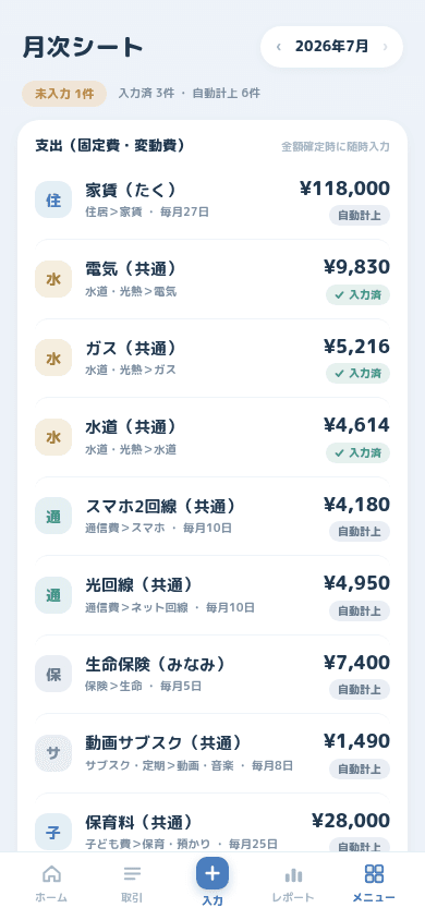 ふたかけの月次シート画面